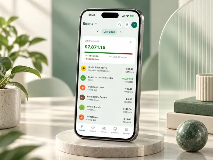 Expense Hunter income and expense tracking interface shown on a phone