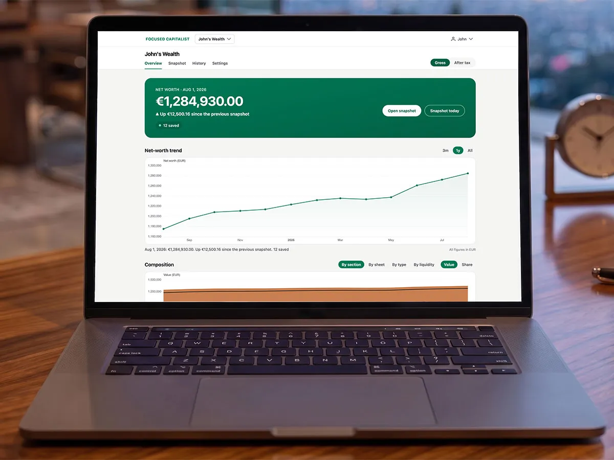 Focused Capitalist dashboard showing a net-worth history and asset composition on a laptop