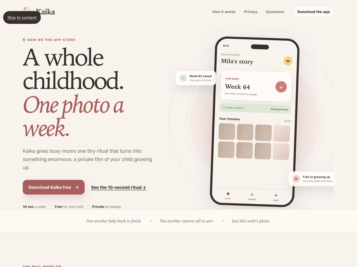 Kaika website presenting its weekly childhood photo journal and timeline interface